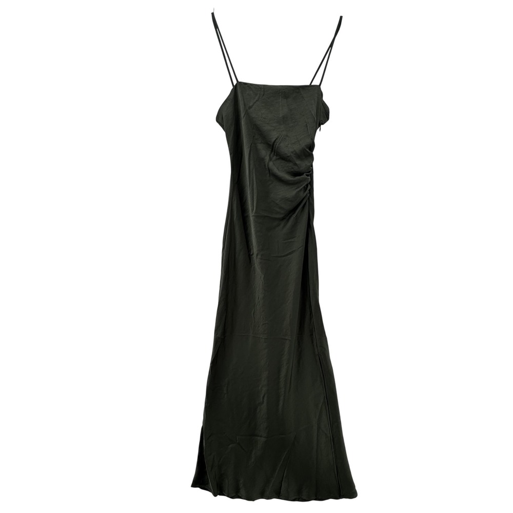 Zara Dress Womens XS Dark Green Maxi Sleeveless Slip Ruched‎ Satin Evening Gown